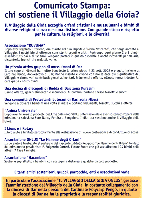 Comunicato stampa dal Villaggio della Gioia Comunicato stampa dal Villaggio della Gioia